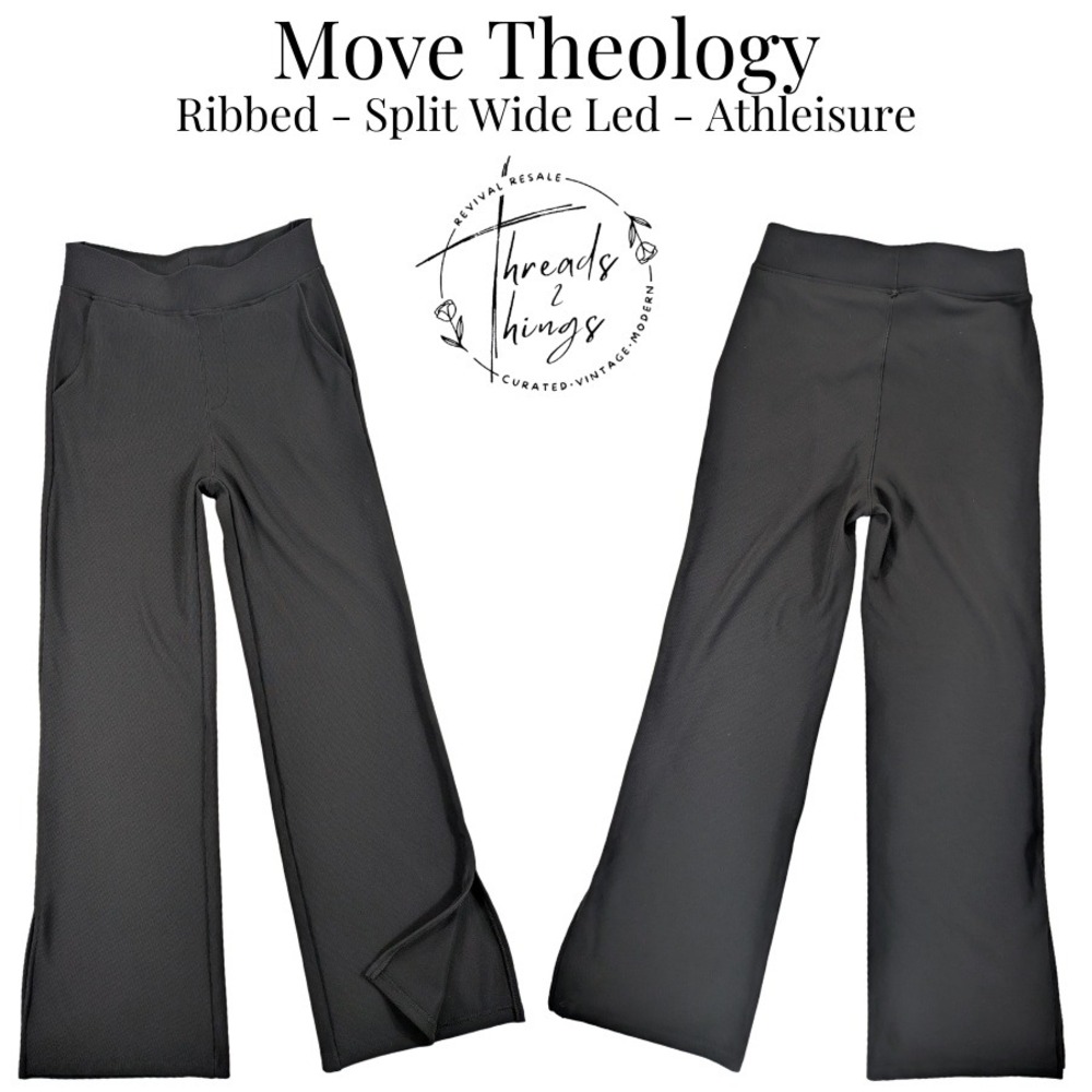 Move Theology Ribbed Slit Wide Stretch Pants Womens M‎ Black Athleisure Yoga Gym